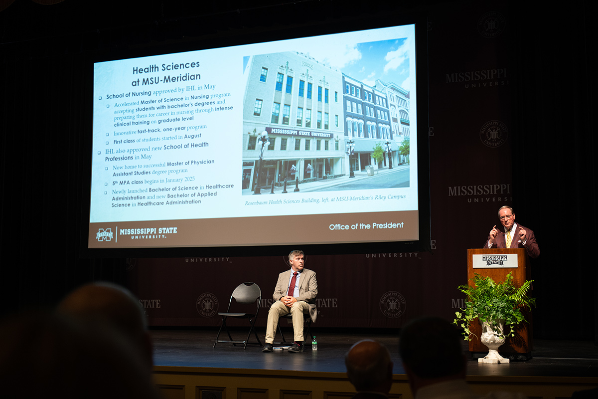 Mississippi State President Mark E. Keenum, right, lays out the university’s top legislative priorities, notes highlights